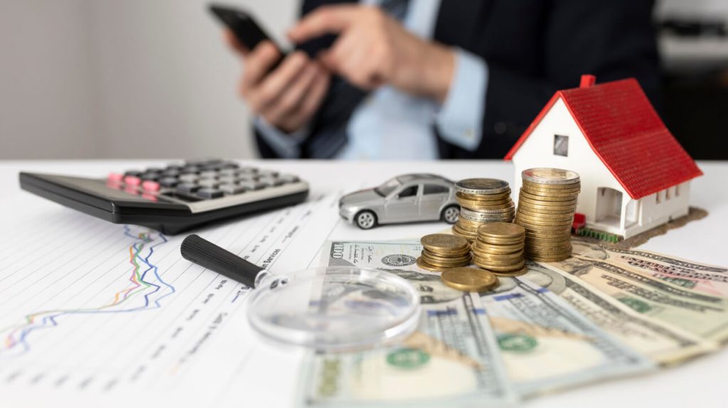 Calculator, pen, coins stacked on dollar bills, toy house, and model car on financial charts, with a person using a phone in the background