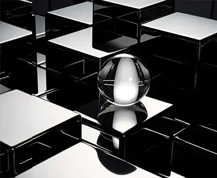 3D rendering of a silver sphere on abstract black and white glossy tiles representing clarity in financial strategy