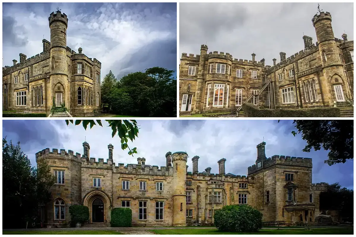 Collage of historic images showing different views of Mabledon House, a grand stone mansion with towers and large windows